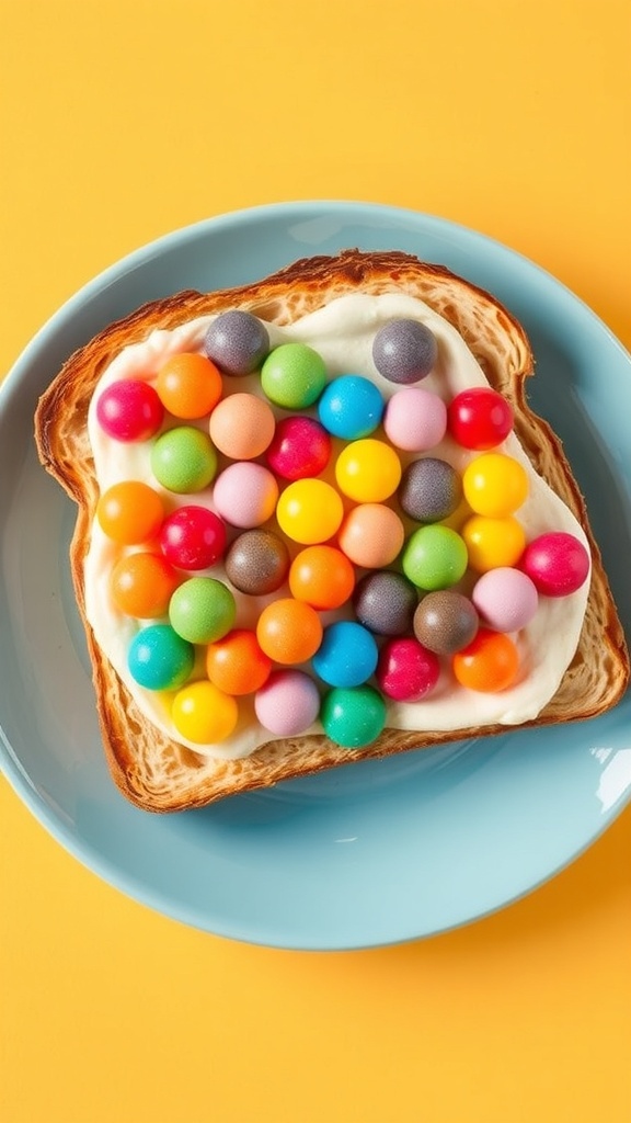 Gumball Toast Recipe Two slices of gumball toast with colorful toppings on a bright plate.